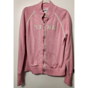Vtg Disneyland Resort Tinkerbell Full Zip Pink Cardigan Sweater XXL Elbow Patch